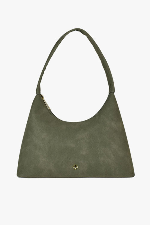 Khaki faux suede shoulder bag with a single strap, structured crescent shape, and gold zip closure, shown front-facing on a white background.