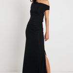 Swift Black Shimmer Jersey Reversible Sleeveless Maxi Dress styled off the shoulder and with a cowl neck, showcasing its versatile design and elegant shimmer finish.