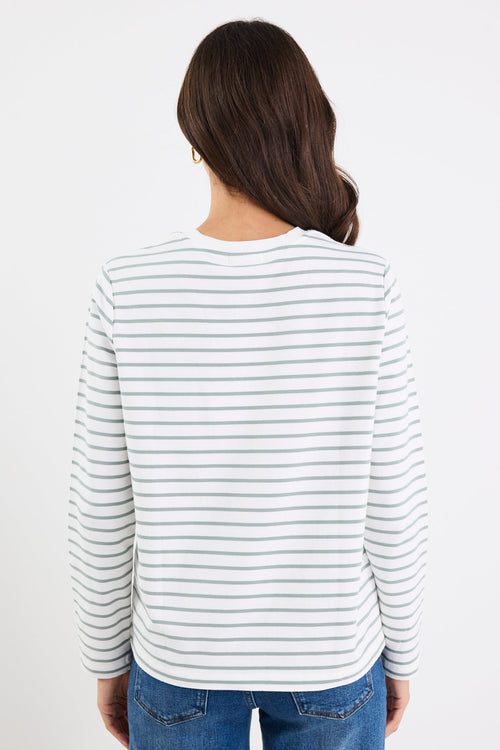 Person wearing a striped sweater and blue jeans on a white background