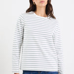 Woman wearing a white and gray striped shirt and blue jeans on a white background