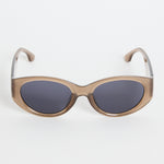 Espresso-brown cat-eye sunglasses with dark tinted lenses, photographed on a white background