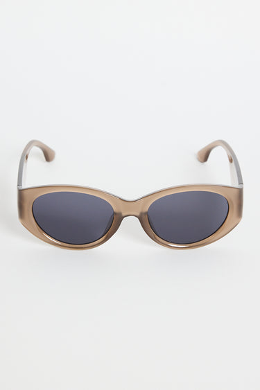 Espresso-brown cat-eye sunglasses with dark tinted lenses, photographed on a white background