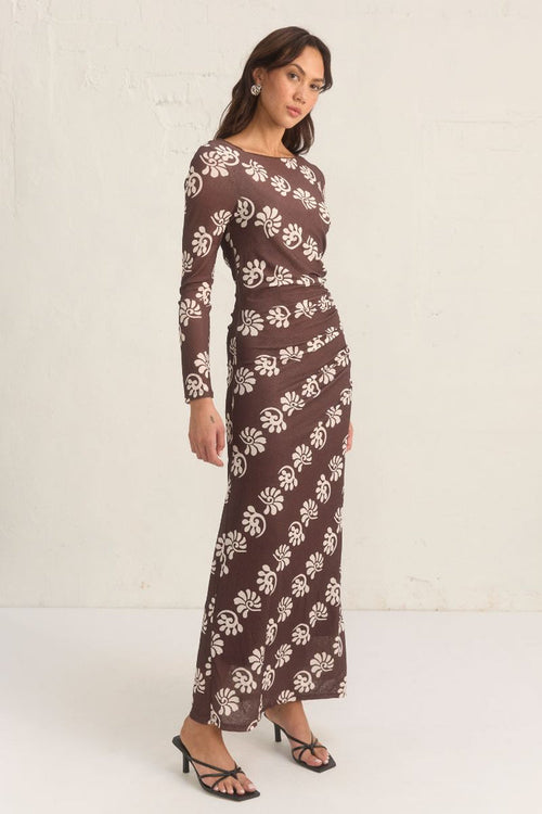 Shop Toledo Chocolate Print Mesh LS Maxi Dress | Flo & Frankie Shop Toledo Chocolate Print Mesh LS Maxi Dress | Flo & Frankie
