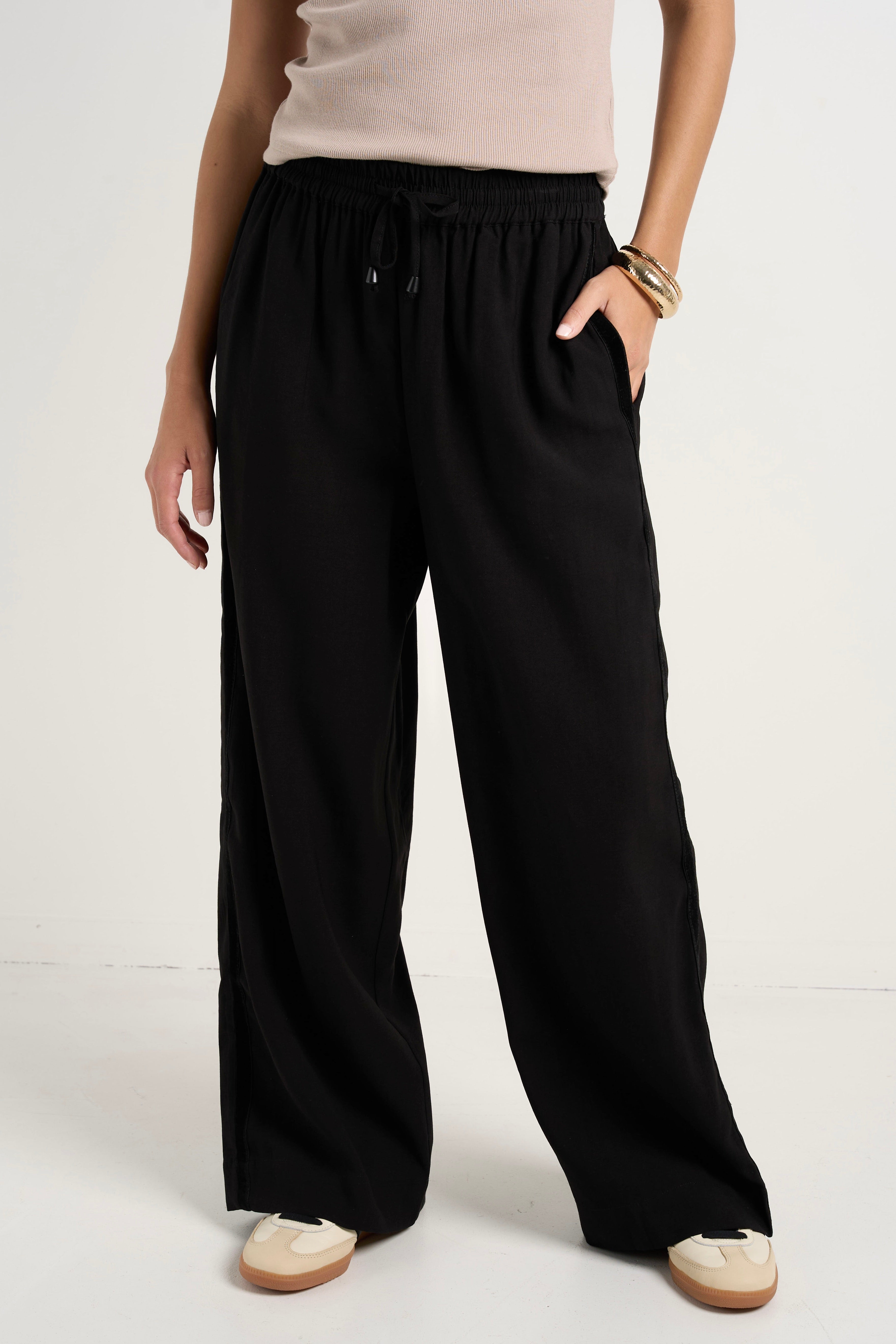 Shop Townie Onyx Velvet Stripe Side Wide Leg Pants | Flo & Frankie