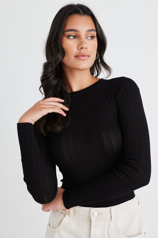 Trace Black Sheer LS Knit Top