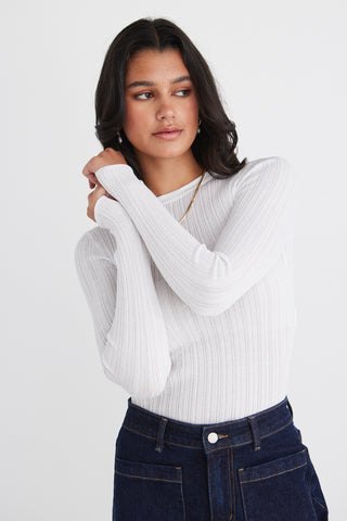 Trace White Sheer LS Knit Top