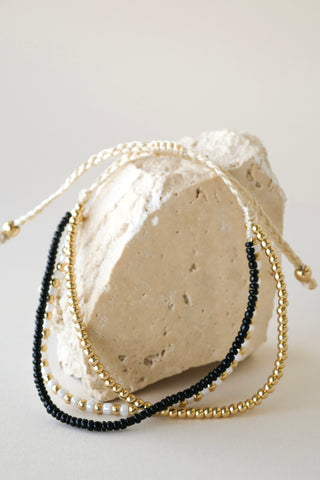 Triple Bead Gold Black White Bracelet