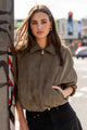 Troupe Khaki Faux Suede Zip Through Bubble Hem Bomber Jacket