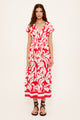 Serata Red Floral SS Shirred Waist Midi Dress