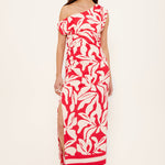 Woman wears a red white floral asymmetric dress