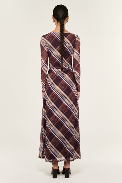 Shop Arles Chocolate Check Mesh Asym Neck LS Midi Dress | Flo & Franki