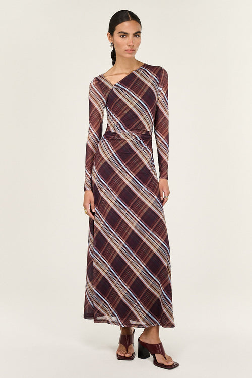 Shop Arles Chocolate Check Mesh Asym Neck LS Midi Dress | Flo & Franki