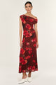 Vivi Chocolate Floral Asym Off Shoulder Mesh Midi Dress
