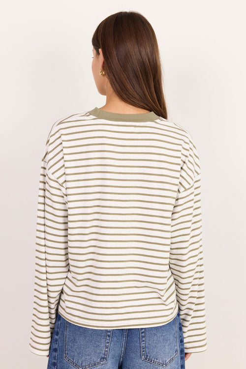 A woman viewed from the back wearing a cream and olive green horizontally striped long-sleeve top with blue jeans, set against a plain off-white background.