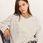 Unite Khaki White Stripe Long Sleeve Contrast Binding Boxy Tee