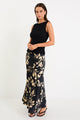 Prodigy Black Beige Floral Satin Bias Cut Maxi Skirt