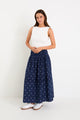 Wanderlust Navy Polka Dot Shirred Waist Maxi Skirt