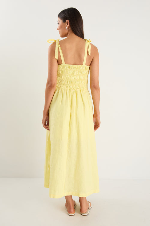 Shop Vacation Canary Yellow Strappy Shirred Midi Dress | Flo & Frankie Shop Vacation Canary Yellow Strappy Shirred Midi Dress | Flo & Frankie