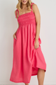 Vacation Fuchsia Strappy Shirred Midi Dress