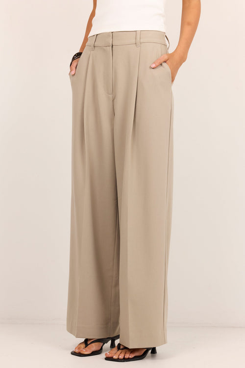 A model wearing a pair of high-waisted, wide-leg trousers in a light taupe-beige color, styled with a white top and black sandals against a plain off-white studio background.