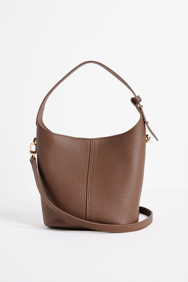 Valencia Brown Leather Multi Strap Mini Tote Bag in a structured bucket silhouette featuring pebbled brown leather, an adjustable shoulder strap and gold hardware, photographed against a clean white background