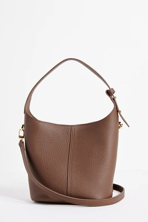 A brown pebbled leather shoulder bag with a top zipper and a detachable shoulder strap, shown on a clean white background.