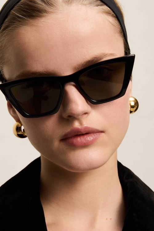 model wears black sunglasses