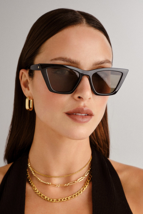 model wears black sunglasses