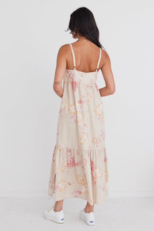 Venus Natural Flower Strappy Tiered Maxi Dress WW Dress By Rosa.   