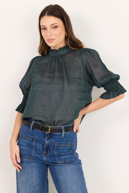 A woman modeling a dark gray sheer puff-sleeve blouse with a high gathered neckline, paired with blue wide-leg jeans and a black belt, against a plain off-white background.