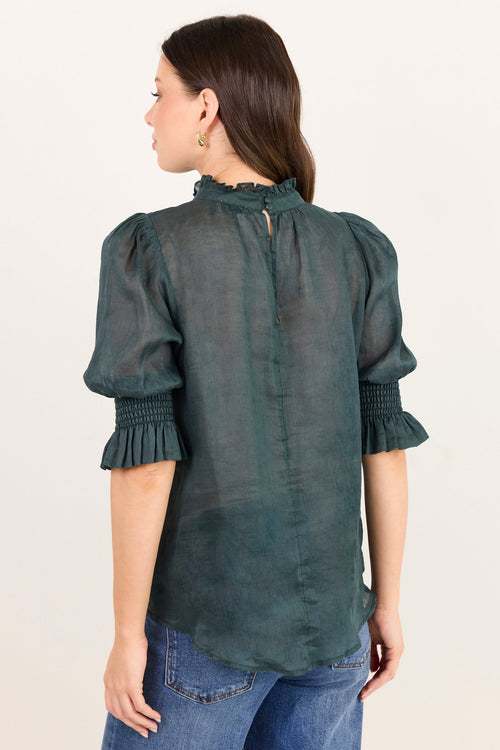 A woman shown from the back wearing a dark green sheer puff-sleeve blouse with ruffled cuffs and a smocked neckline, paired with blue jeans, against a plain off-white background.