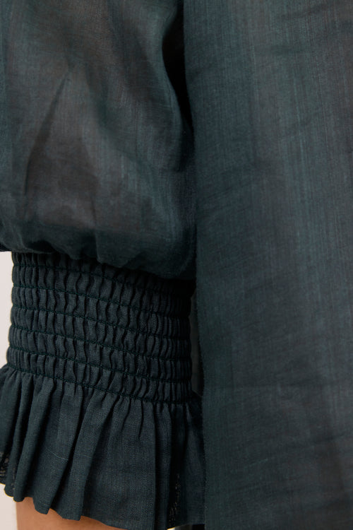 Close-up of a dark charcoal gray or black smocked blouse with a ruffled hem and voluminous sleeves.