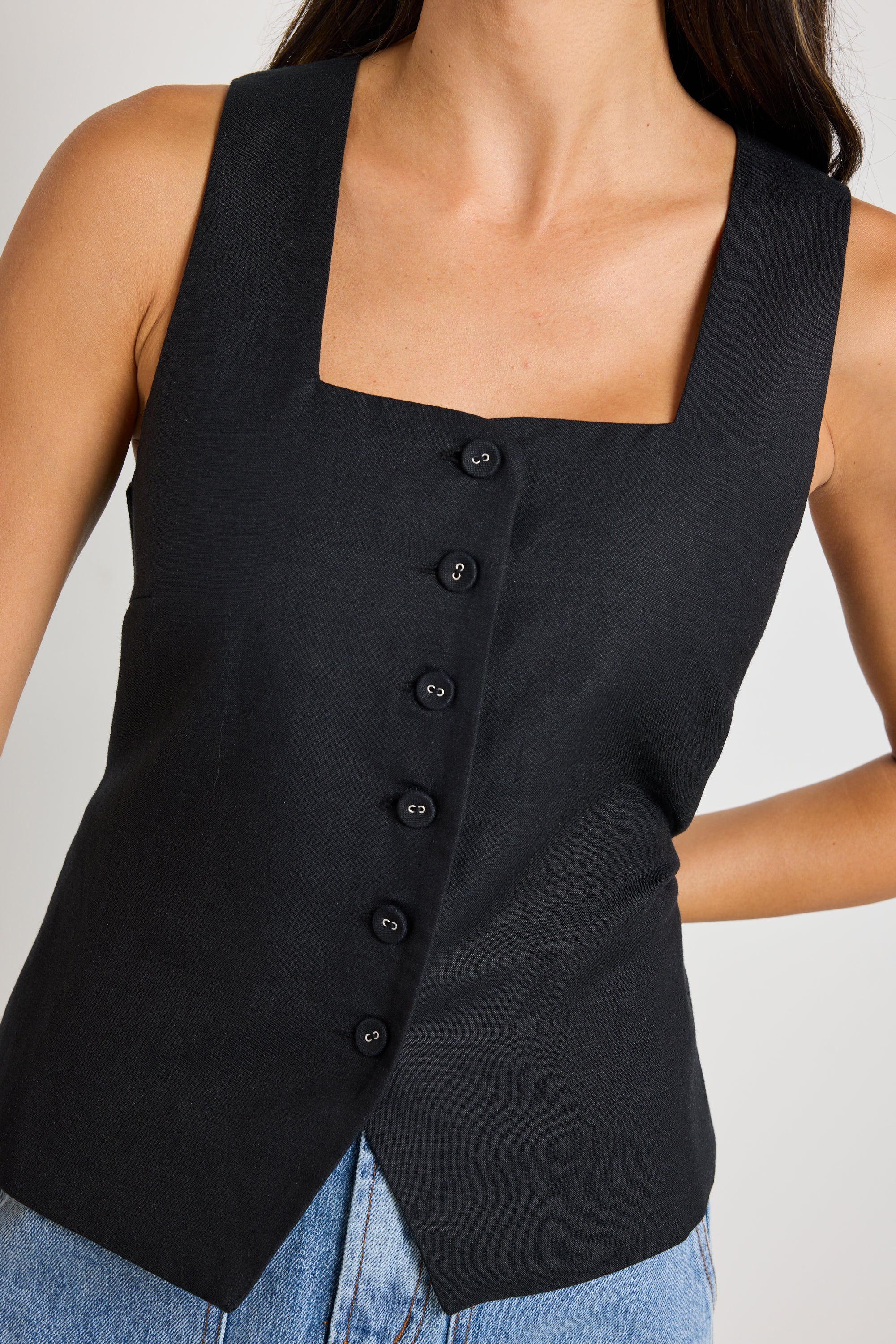Shop Viaduct Black Linen Viscose Sleeveless Vest Top | Flo & Frankie