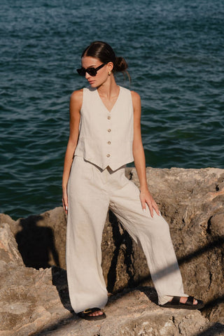 Island Natural Linen Pleat Front Wide Leg Pant