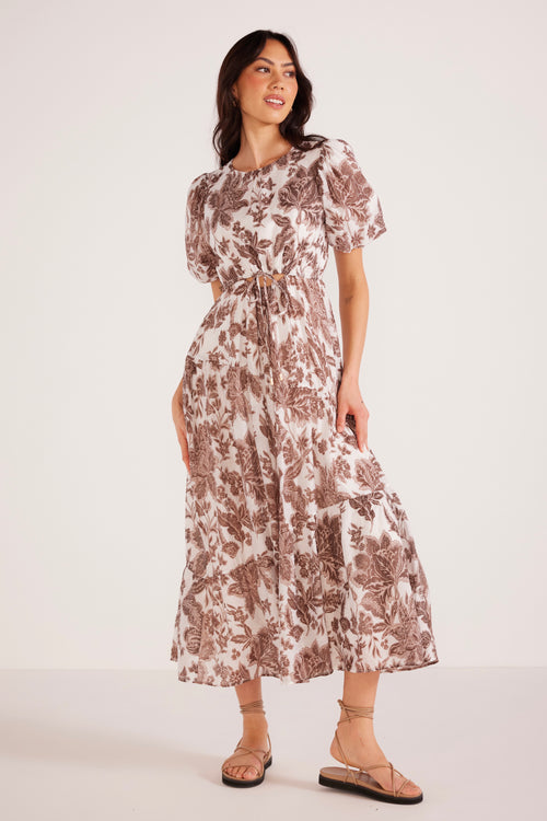 model wears brown floral midi dress