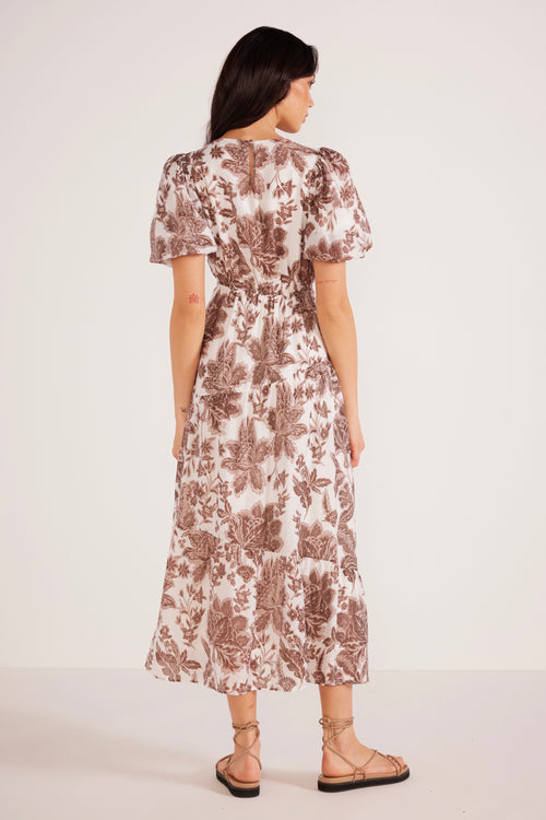 model wears brown floral midi dress