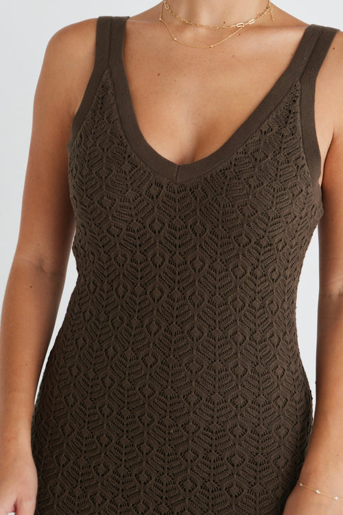 Shop Voyage Khaki Crochet Knit Maxi Dress Online | Flo & Frankie