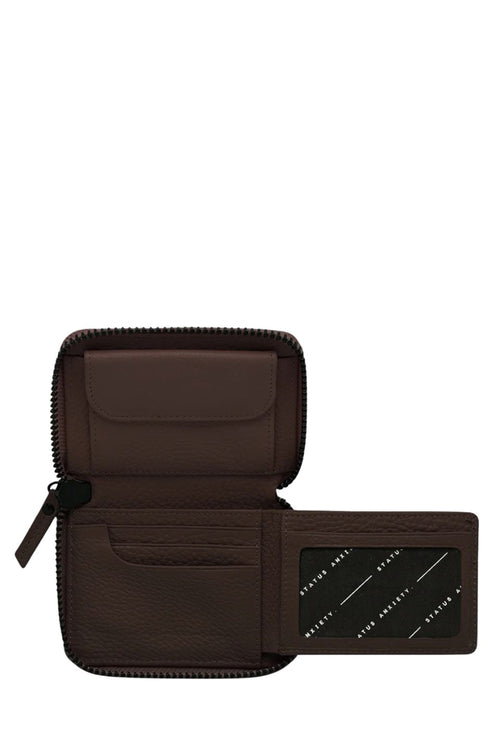 A dark brown leather zip-around wallet shown open, displaying its interior compartments, card slots, and a black ID window with white diagonal lines.