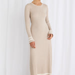 model wears a Beige Long Sleeve Knit Maxi Dress