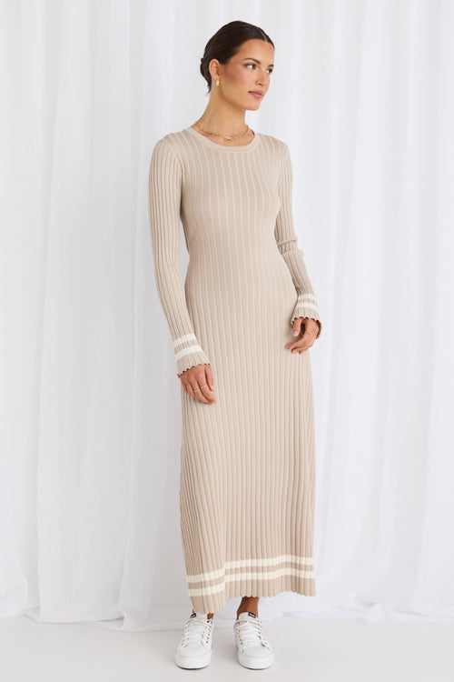 model wears a Beige Long Sleeve Knit Maxi Dress