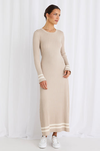 model wears a Beige Long Sleeve Knit Maxi Dress