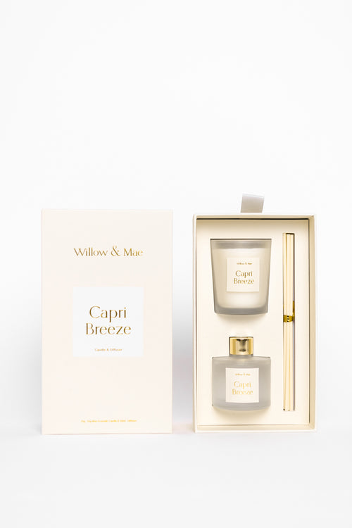 Perfume set with 'Capri Breeze' fragrance in a box on a white background