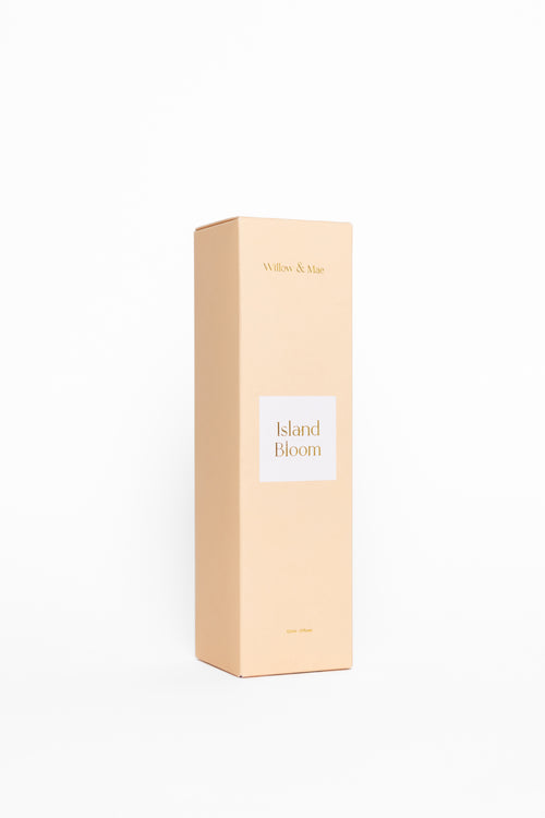 Beige box with 'Island Bloom' branding on a white background