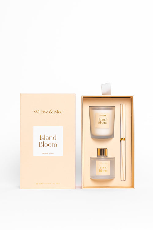 Willow & Me Island Bloom diffuser set with packaging on a white background