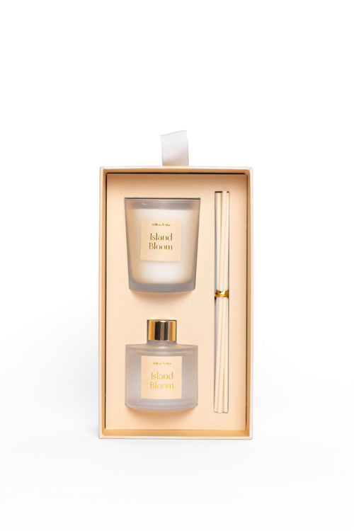 Perfume set with a bottle and diffuser in a decorative box on a white background