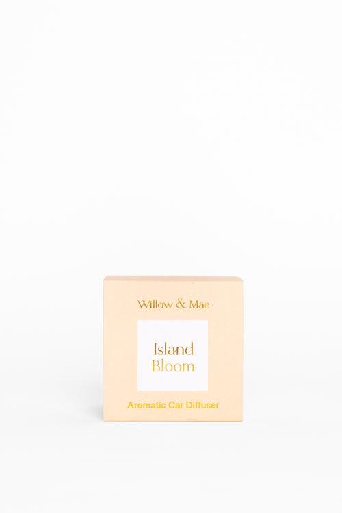 Aromatic car diffuser packaging with 'Island Bloom' on a white background