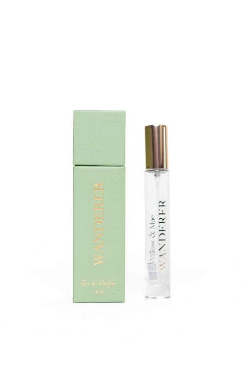 Wanderer perfume bottle and packaging on a white background