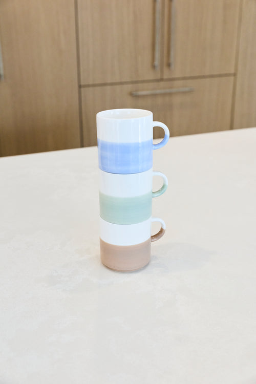 Artist Stone hand painted two tone stackable mug shown stacked with blue and sage green mugs; listing is for the stone mug only.
