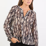 Woodland Black Zebra Tie Neck Flounce Long Sleeve Top