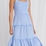 Worthy Powder Blue Shirred Tiered Strappy Maxi Dress